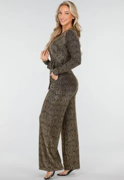 Jumpsuit met Ceintuur en Lange Mouwen in Goud met Glitterprint