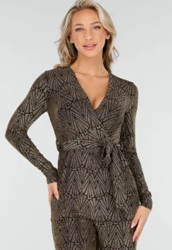 Jumpsuit met Ceintuur en Lange Mouwen in Goud met Glitterprint