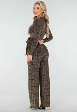Jumpsuit met Ceintuur en Lange Mouwen in Goud met Glitterprint