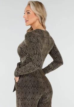 Jumpsuit met Ceintuur en Lange Mouwen in Goud met Glitterprint
