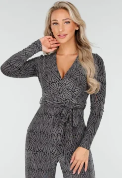 Jumpsuit met V-Hals en Lange Mouwen in Zwart met Zilveren Glitterprint
