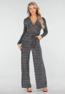 Jumpsuit met V-Hals en Lange Mouwen in Zwart met Zilveren Glitterprint