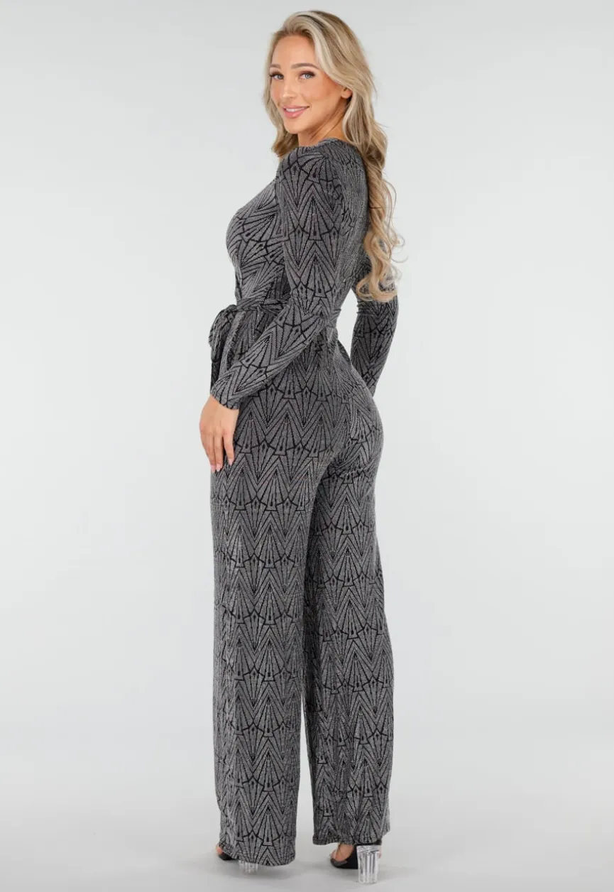 Jumpsuit met V-Hals en Lange Mouwen in Zwart met Zilveren Glitterprint