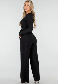Jumpsuit met V-Hals en Lange Mouwen in Zwart met Glitterprint