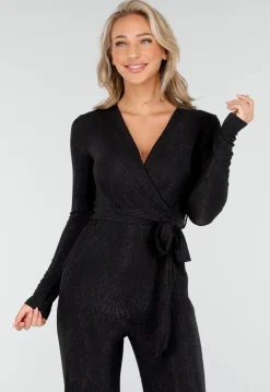 Jumpsuit met V-Hals en Lange Mouwen in Zwart met Glitterprint