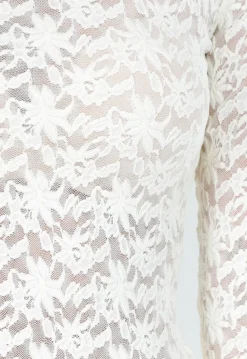 Kanten Beige Top met Lange Mouwen en Col
