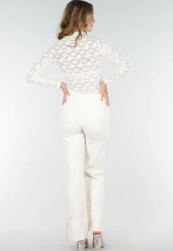 Kanten Beige Top met Lange Mouwen en Col