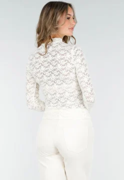 Kanten Beige Top met Lange Mouwen en Col