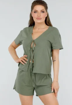 Katoenen Khaki Tweedelige Set met Dubbele Strik en Short