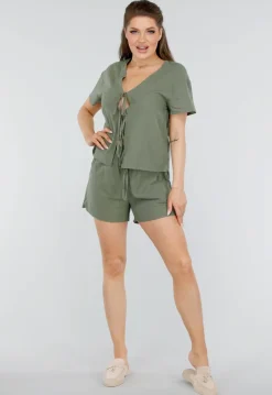 Katoenen Khaki Tweedelige Set met Dubbele Strik en Short