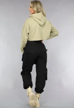 Khaki Cropped Hoodie met Pofmouwen