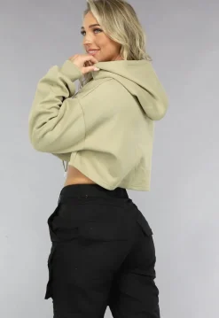 Khaki Cropped Hoodie met Pofmouwen
