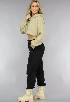 Khaki Cropped Hoodie met Pofmouwen