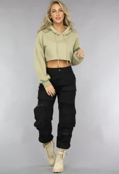 Khaki Cropped Hoodie met Pofmouwen