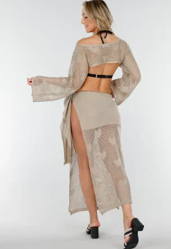 Khaki Gehaakte Cover-Up Set met Hartjesmotief en Bijpassende Bolero