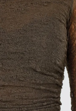 Khakikleurige See Through Kanten Top met Gedrappeerd Effect