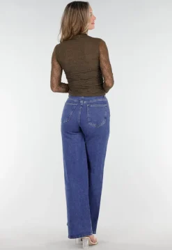 Khakikleurige See Through Kanten Top met Gedrappeerd Effect