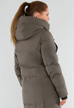 Khaki Lange Pufferjas met Capuchon en Hoge Kraag