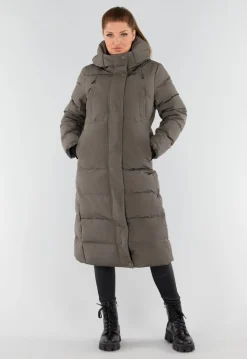 Khaki Lange Pufferjas met Capuchon en Hoge Kraag