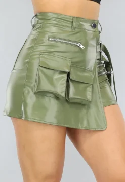 Khaki Lederlook Overslag Cargo Skort