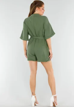 Khaki Playsuit van Katoen met Zakken en Tailleceintuur