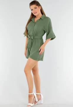 Khaki Playsuit van Katoen met Zakken en Tailleceintuur