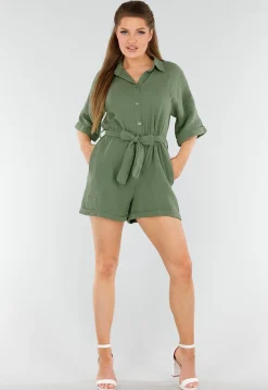 Khaki Playsuit van Katoen met Zakken en Tailleceintuur