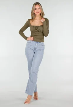 Khaki Push-Up Longsleeve Top met Gerimpelde Bustier