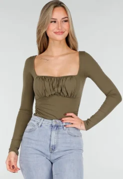 Khaki Push-Up Longsleeve Top met Gerimpelde Bustier