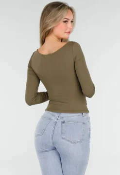 Khaki Push-Up Longsleeve Top met Gerimpelde Bustier