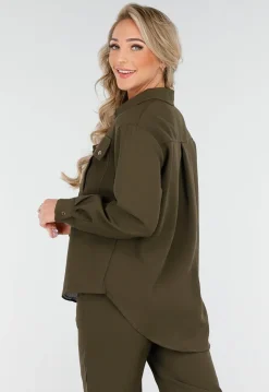 Khaki Set met Blouse en Straight Leg Broek met Gouden Knopen