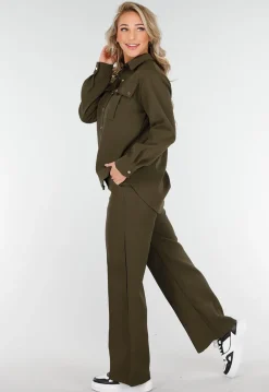 Khaki Set met Blouse en Straight Leg Broek met Gouden Knopen