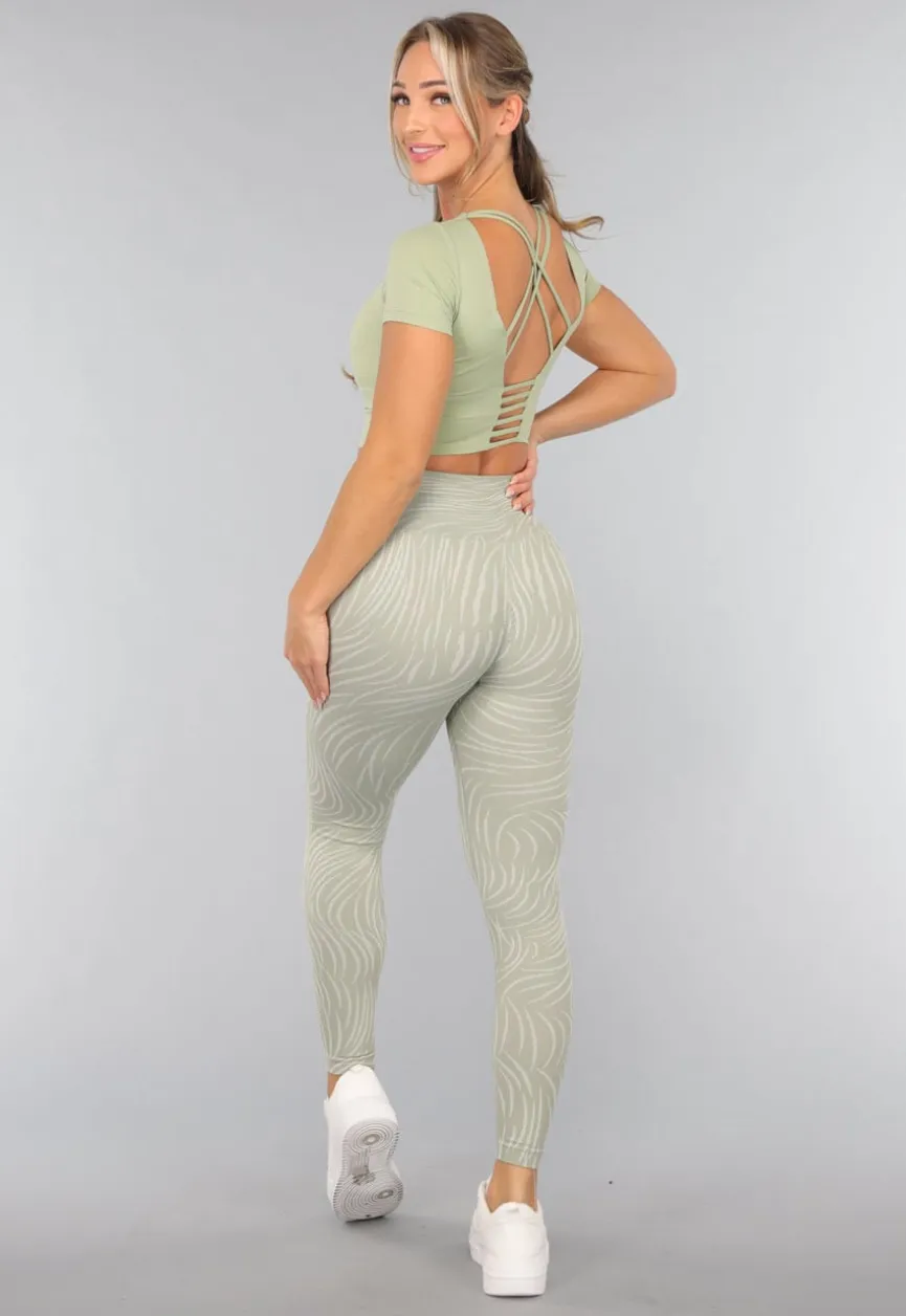 Khaki Sportlegging met Gestreepte Print