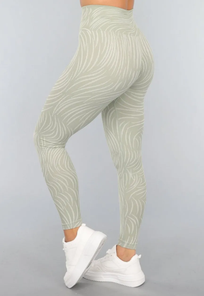 Khaki Sportlegging met Gestreepte Print