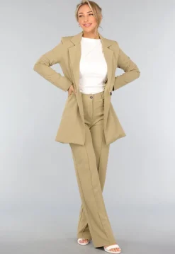 Khaki Stretch Blazer met Schoudervulling