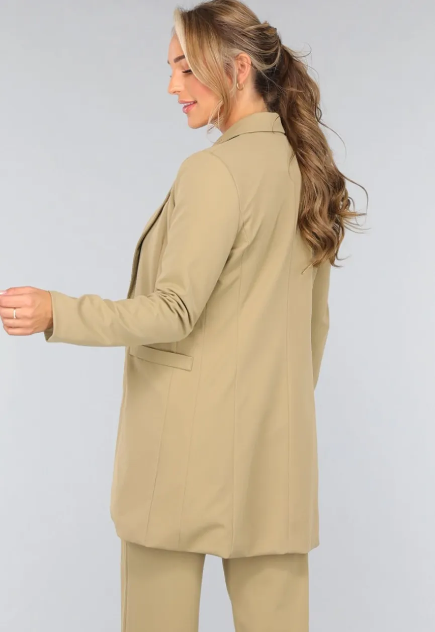 Khaki Stretch Blazer met Schoudervulling