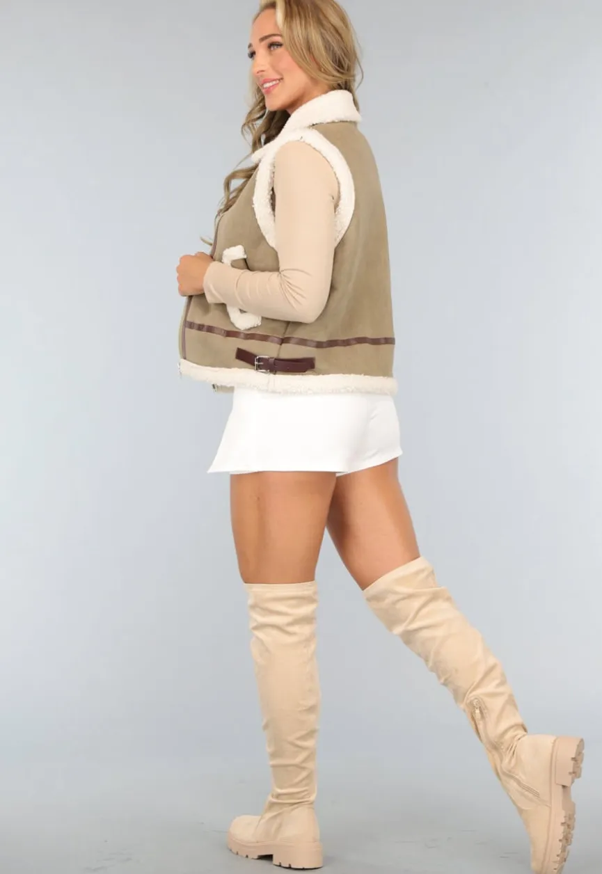Khaki Teddy Bodywarmer met Riempjes