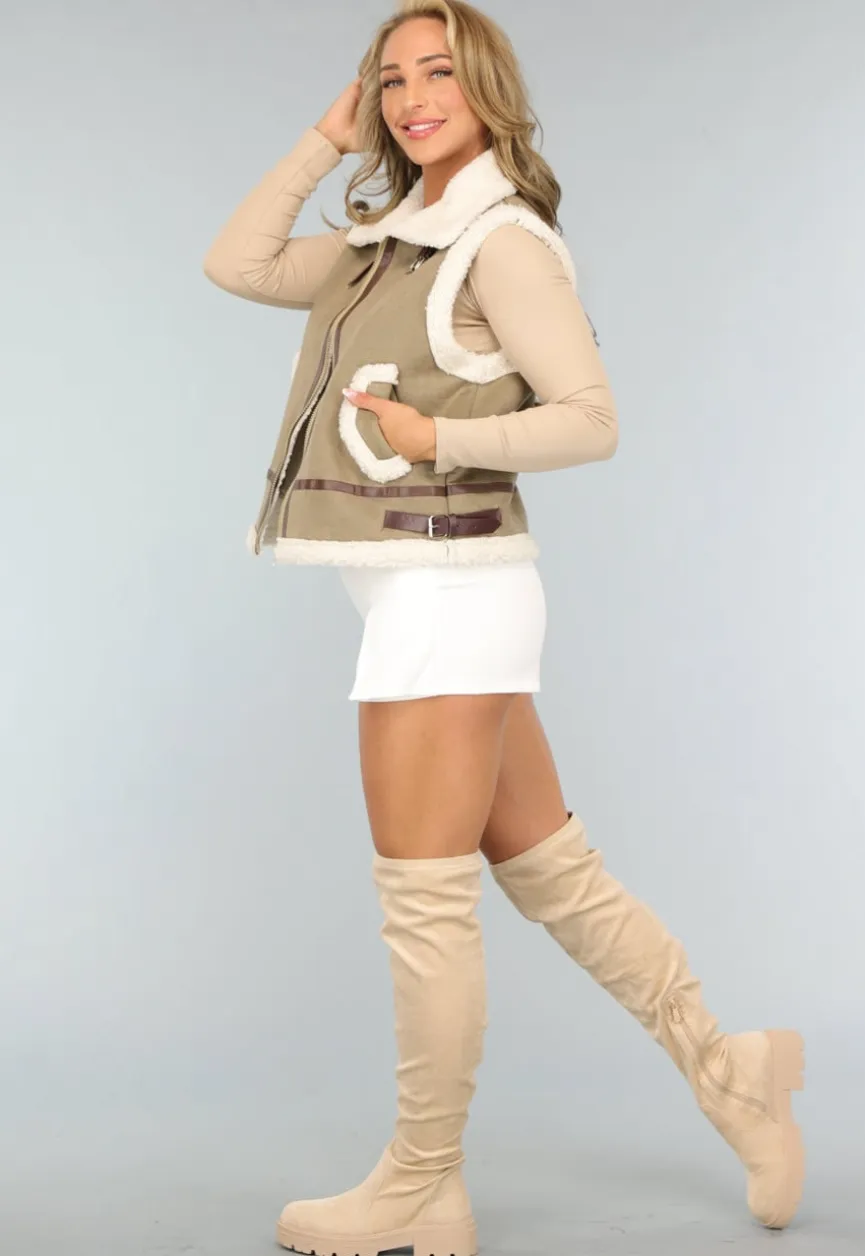 Khaki Teddy Bodywarmer met Riempjes