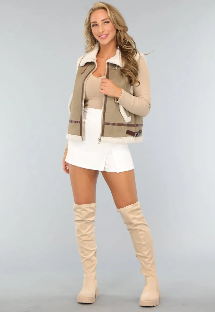 Khaki Teddy Bodywarmer met Riempjes