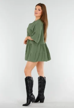 Khaki Tuniekjurk met Knoopsluiting en Driekwart Volantmouwen