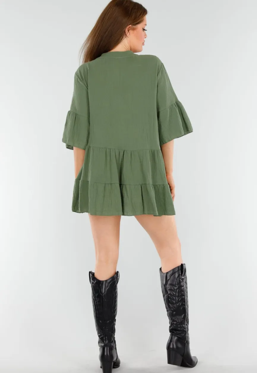 Khaki Tuniekjurk met Knoopsluiting en Driekwart Volantmouwen