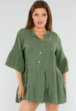 Khaki Tuniekjurk met Knoopsluiting en Driekwart Volantmouwen