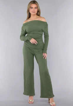 Khaki Twin Set in Gesmokte Stof