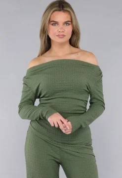 Khaki Twin Set in Gesmokte Stof