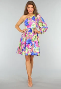 Kleurrijke One Shoulder Jurk met Bloemenprint