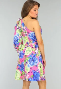 Kleurrijke One Shoulder Jurk met Bloemenprint