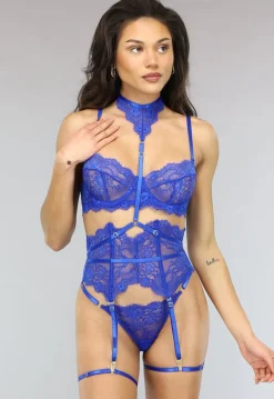 Kobalt Blauwe Intieme Kanten Lingerie Set met Strappy Details