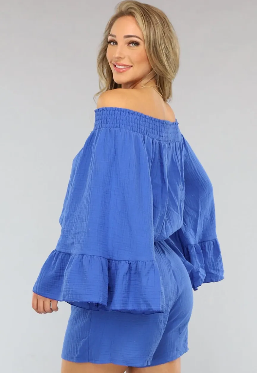 Kobalt Blauwe Mousseline Playsuit met Flair Mouwen