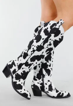 Koeienprint Cowboylaarzen in Zwart-Wit met Lage Hak