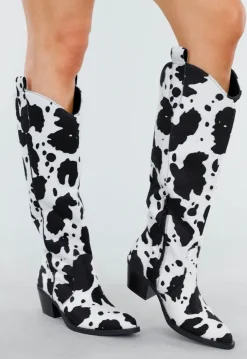 Koeienprint Cowboylaarzen in Zwart-Wit met Lage Hak